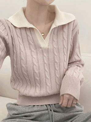 🥀韓製翻領撞色麻花針織衫