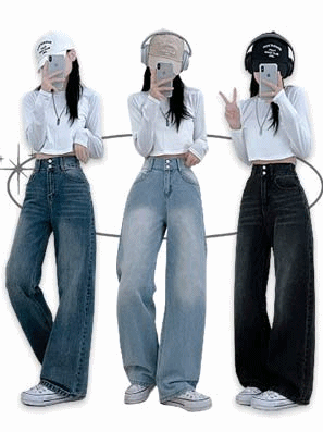 兩粒扣/後橡筋高腰牛仔寬褲(S-L)