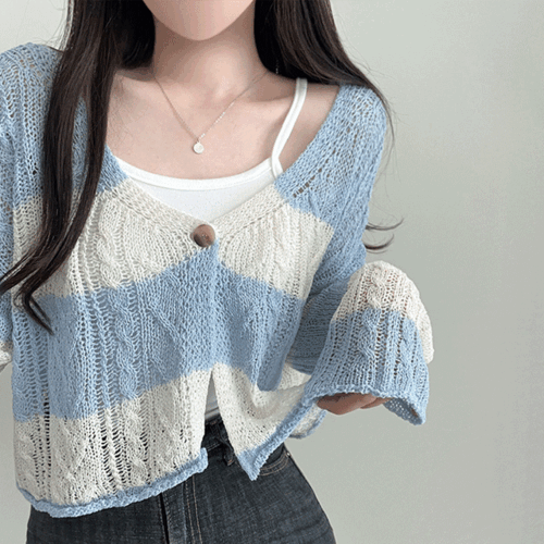 單扣條紋短款針織開衫