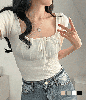方領抽褶泡泡肩短袖針織衫