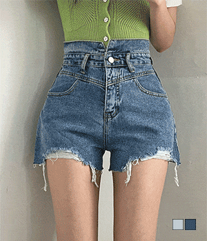 高腰腰封破邊牛仔短褲(S-L)