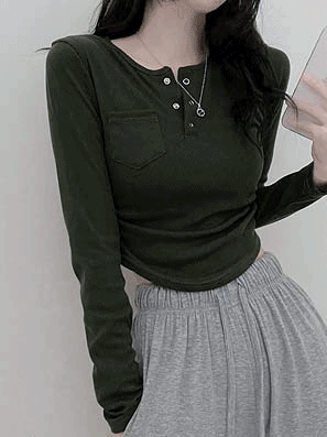 開紐羅紋口袋抽褶長袖T恤