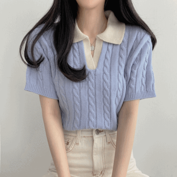 【現貨navy】🇰🇷韓製撞色翻領麻花短袖針織衫