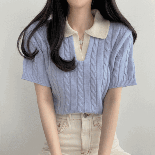 【現貨navy】🇰🇷韓製撞色翻領麻花短袖針織衫