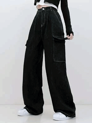 【特價❗️3種長度/內橡筋】原色明線闊腿工裝牛仔褲(S-2XL)