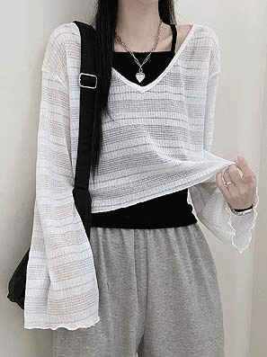 💐V領透視花紋長袖針織衫