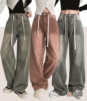 🦄彩色水洗細繩寬牛仔褲(S-L)