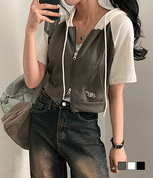 【現貨khaki】Funky刺繡連帽拼色短袖拉鍊外套