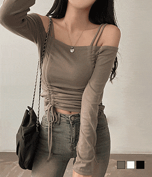 🥨兩線肩帶抽褶長袖T恤