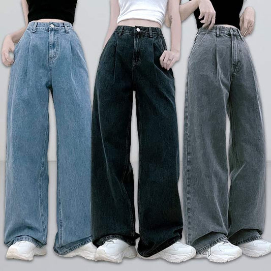 【3種長度/內橡筋】水洗闊腿針褶牛仔褲(S-2XL)
