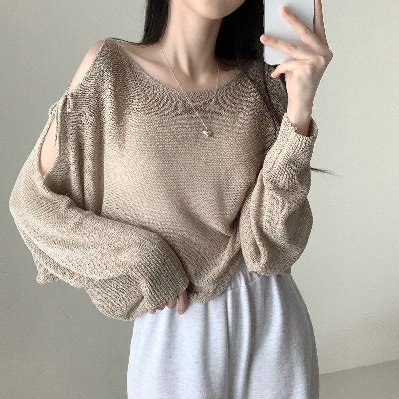 連線價🎀緞帶露肩寬鬆長袖針織衫