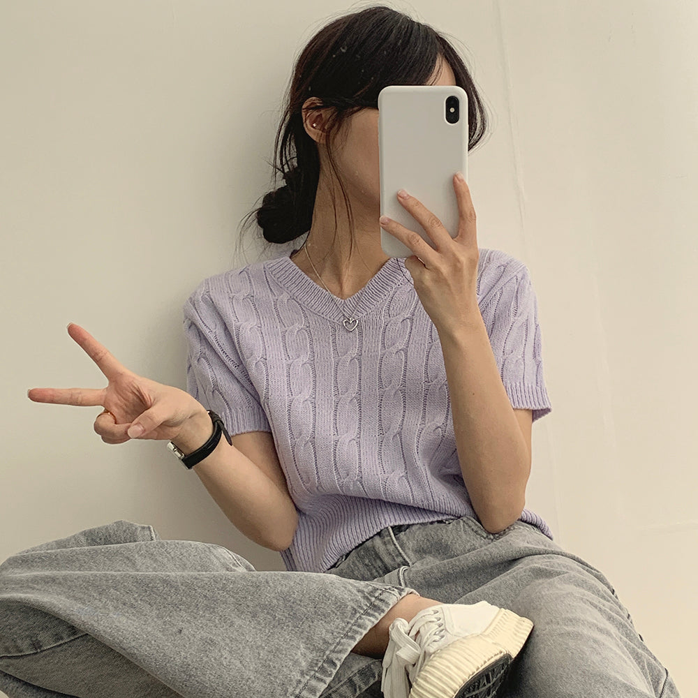 韓製🇰🇷V領麻花短袖針織衫
