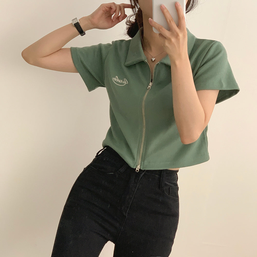 💗小刺繡雙向拉鍊短袖上衣