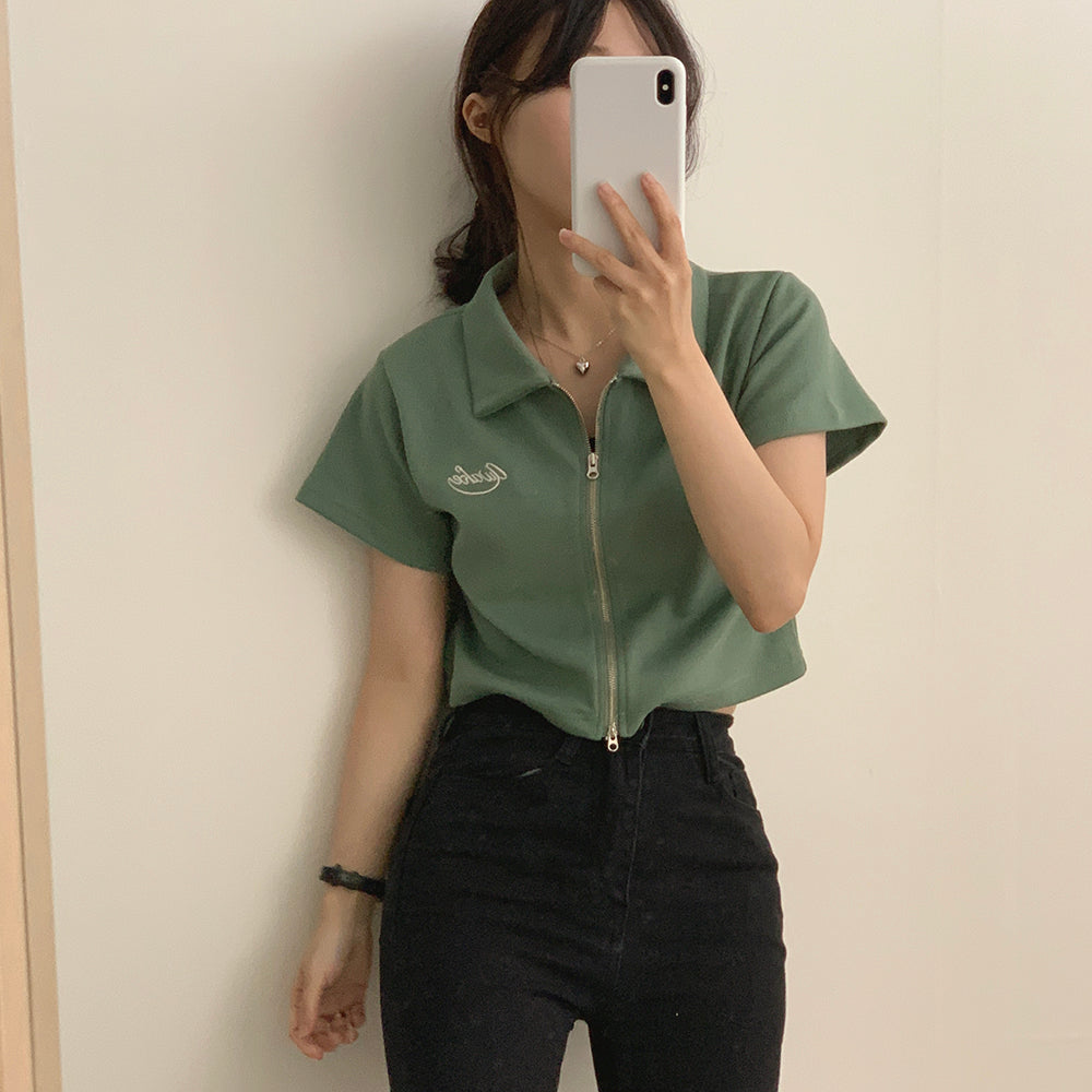 💗小刺繡雙向拉鍊短袖上衣