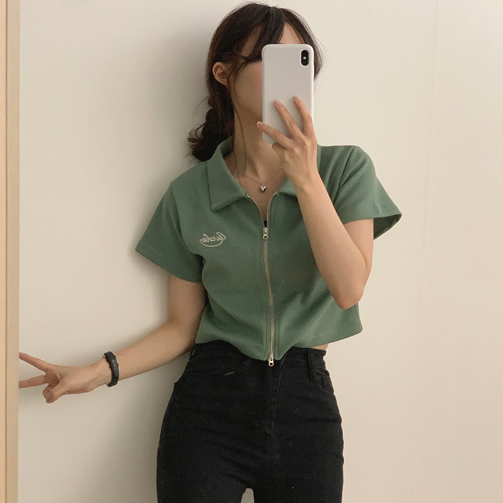 💗小刺繡雙向拉鍊短袖上衣