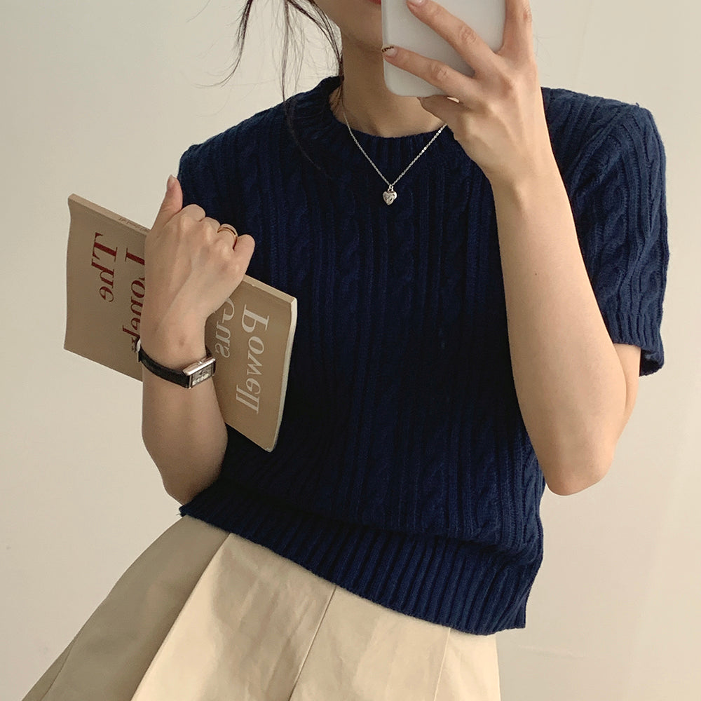 【現貨navy】韓製🇰🇷麻花圓領短袖針織衫