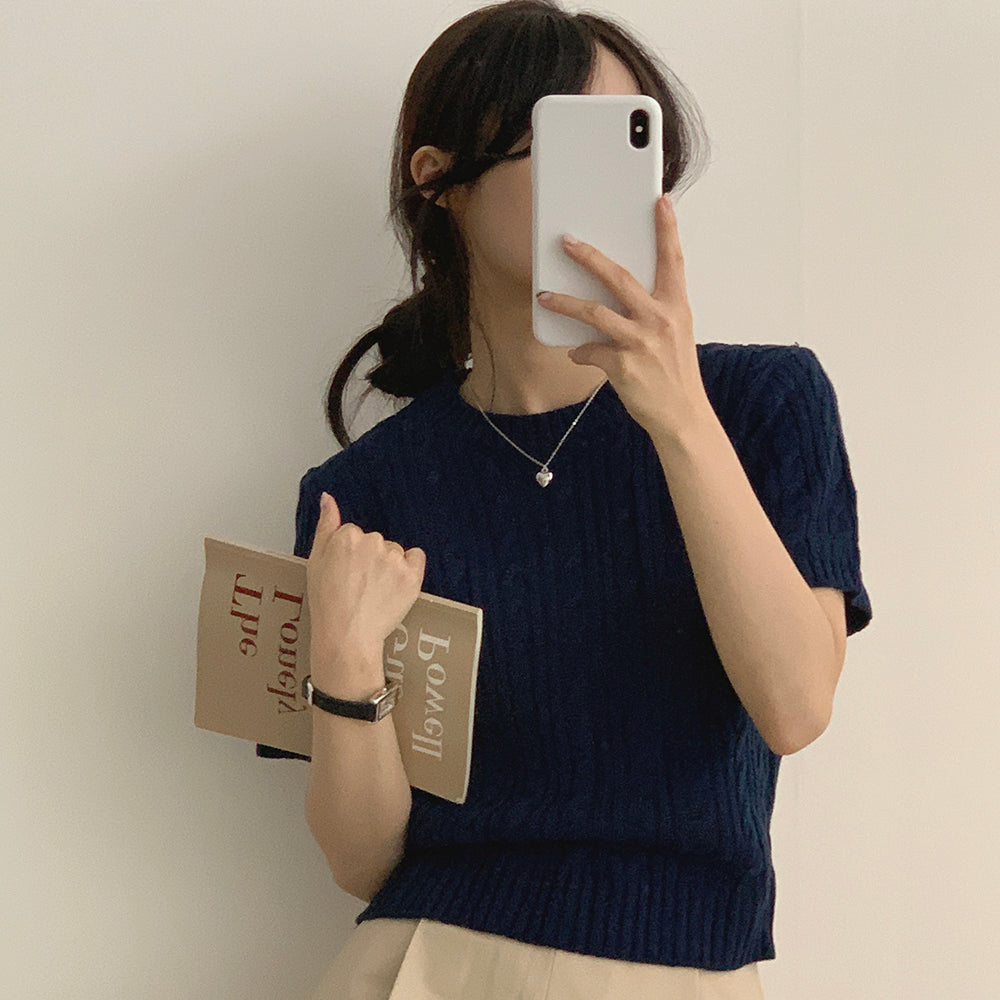 【現貨navy】韓製🇰🇷麻花圓領短袖針織衫