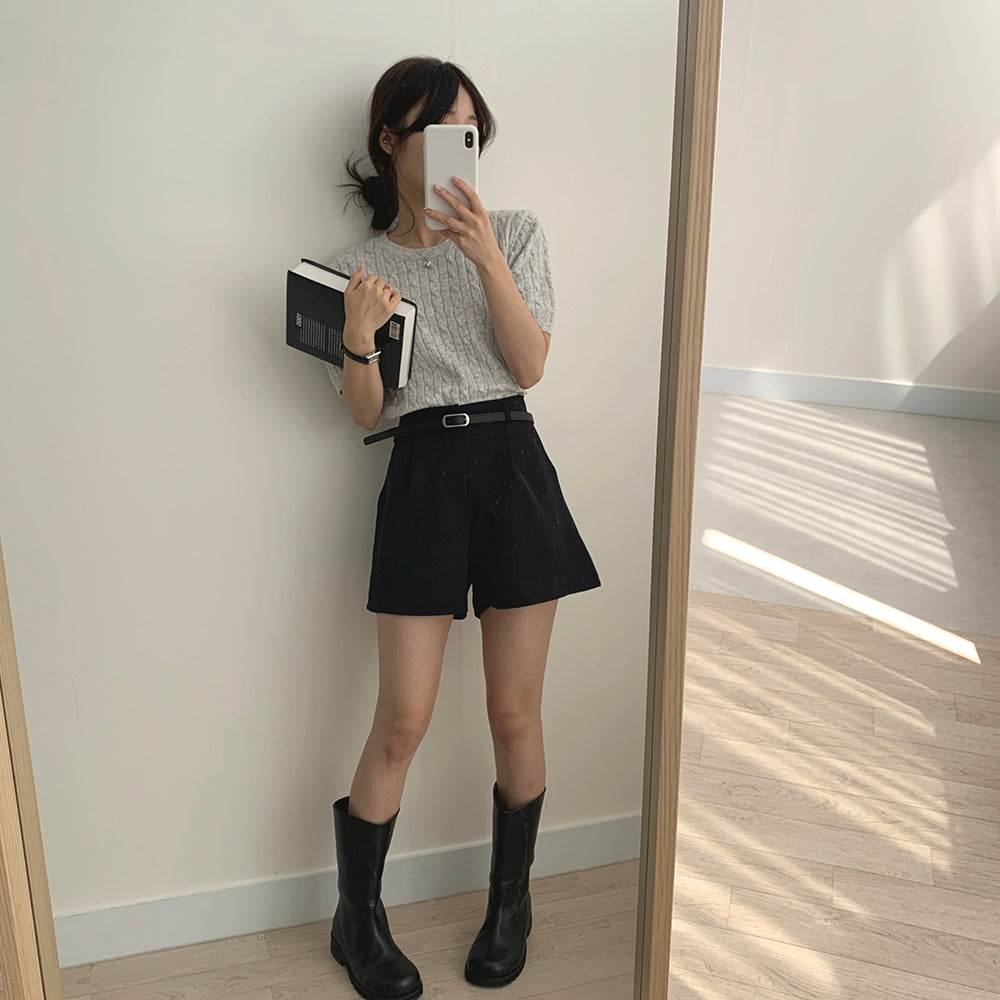 【現貨淺灰】🐑羊毛高質圓領麻花短袖針織衫