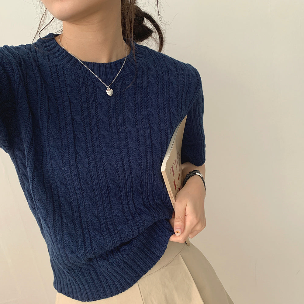 【現貨navy】韓製🇰🇷麻花圓領短袖針織衫