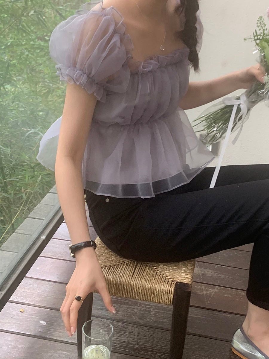 高貴透膚褶邊短款襯衫