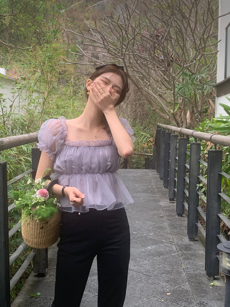 高貴透膚褶邊短款襯衫