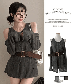 露肩腰帶鬆弛針織衫♥