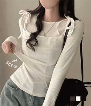 【現貨brown】蝴蝶結肩帶背心+長袖T恤套裝