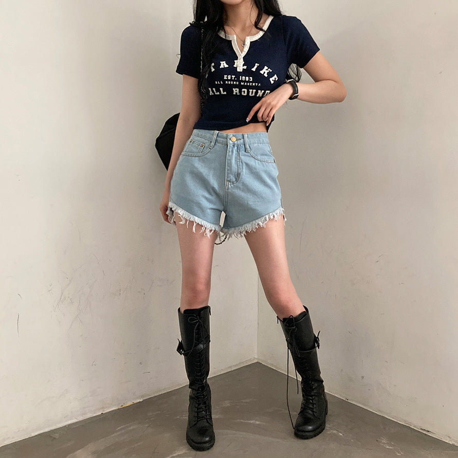 流蘇剪裁牛仔短褲(S-L)
