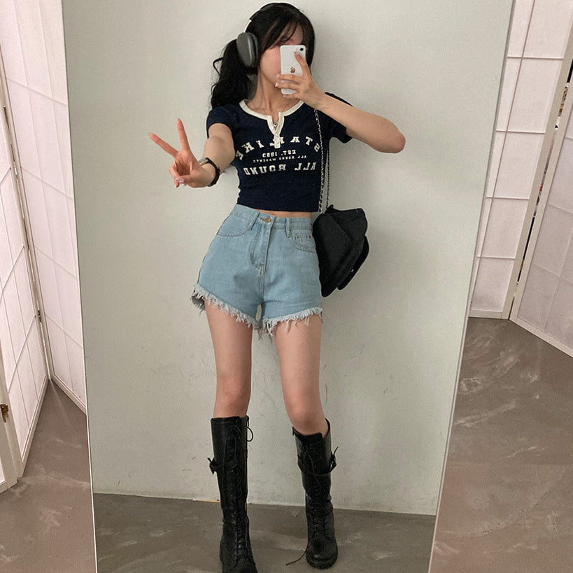 韓製🇰🇷拼色復古鈕扣短款短袖T恤