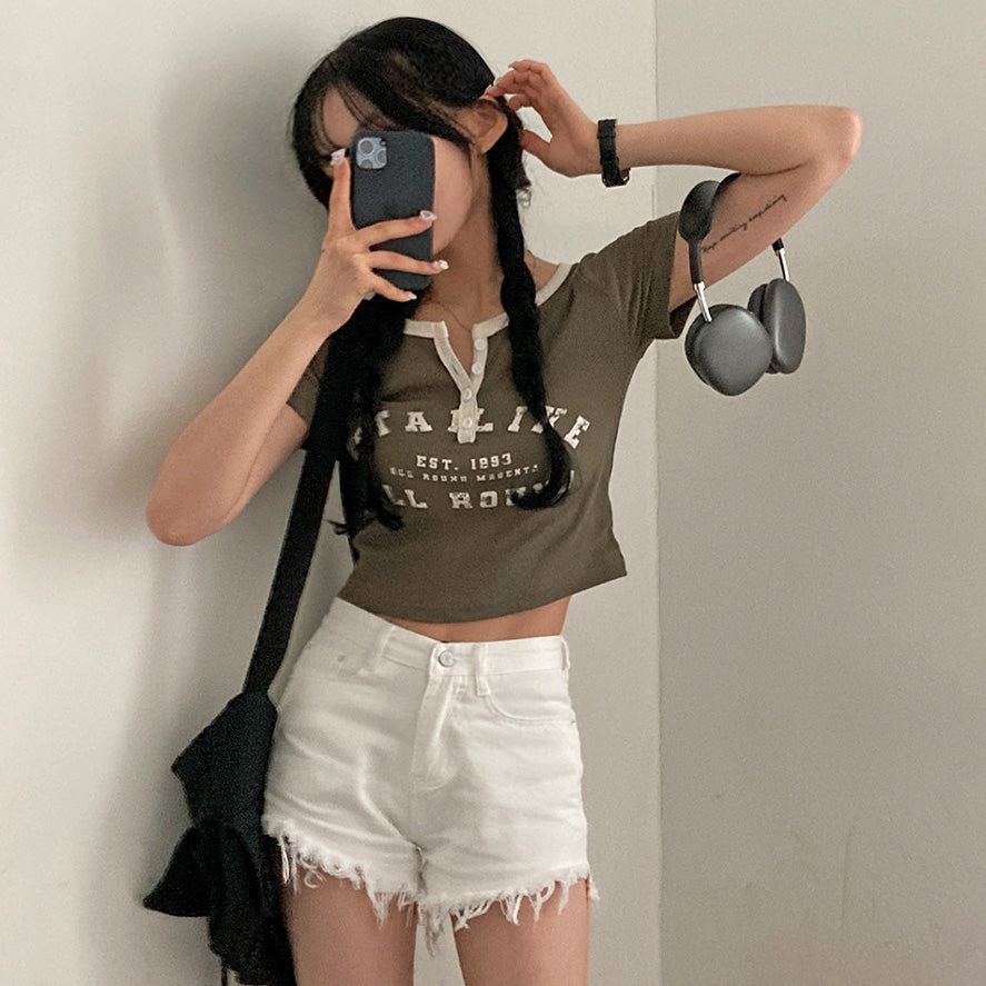 韓製🇰🇷拼色復古鈕扣短款短袖T恤