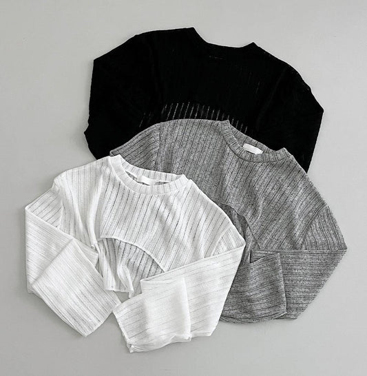 【現貨白】Bolero短版直坑圓領線衫<KR> - IKIMSTORE