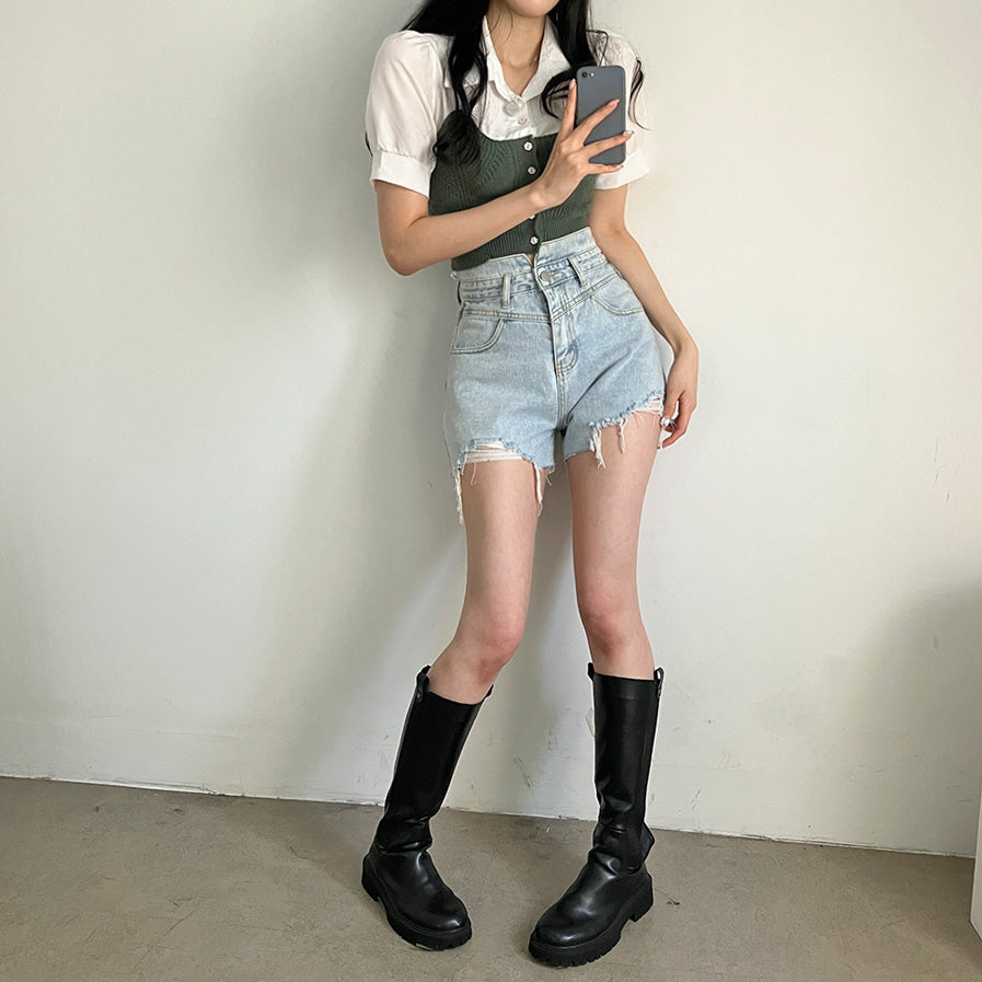 高腰腰封破邊牛仔短褲(S-L)