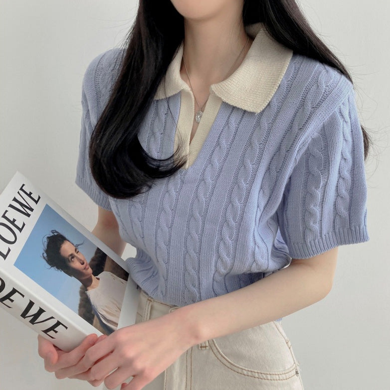 【現貨navy】🇰🇷韓製撞色翻領麻花短袖針織衫