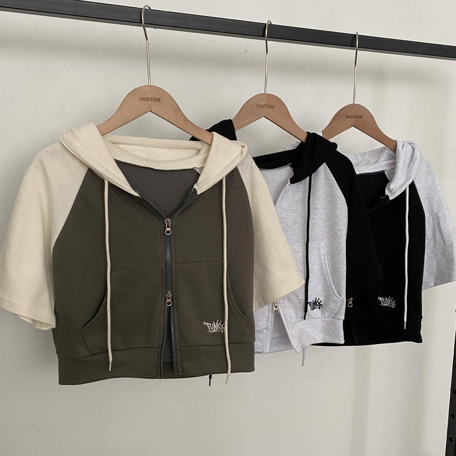 【現貨khaki】Funky刺繡連帽拼色短袖拉鍊外套