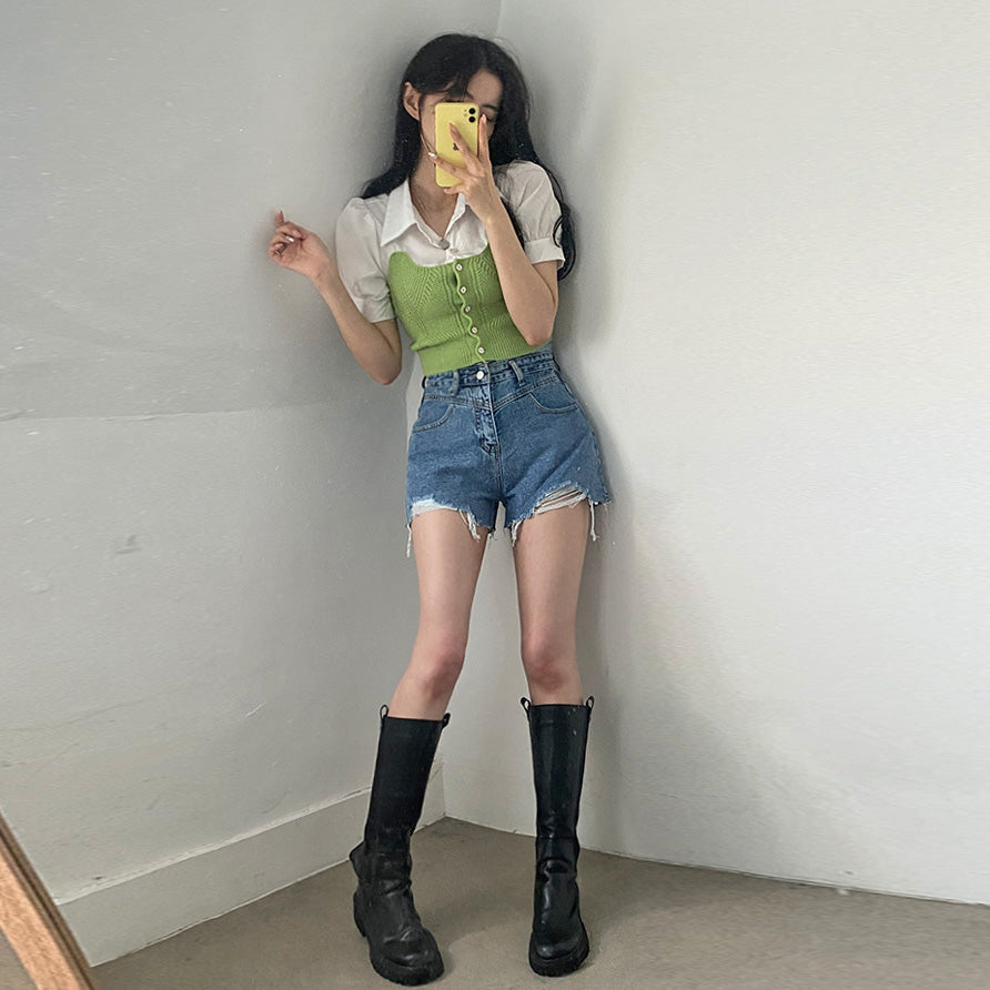 高腰腰封破邊牛仔短褲(S-L)