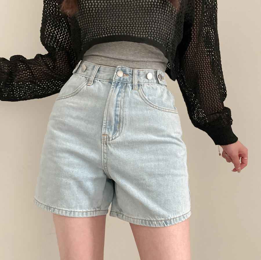 【長度可選/S-2XL】腰圍調節鈕扣水洗牛仔短褲
