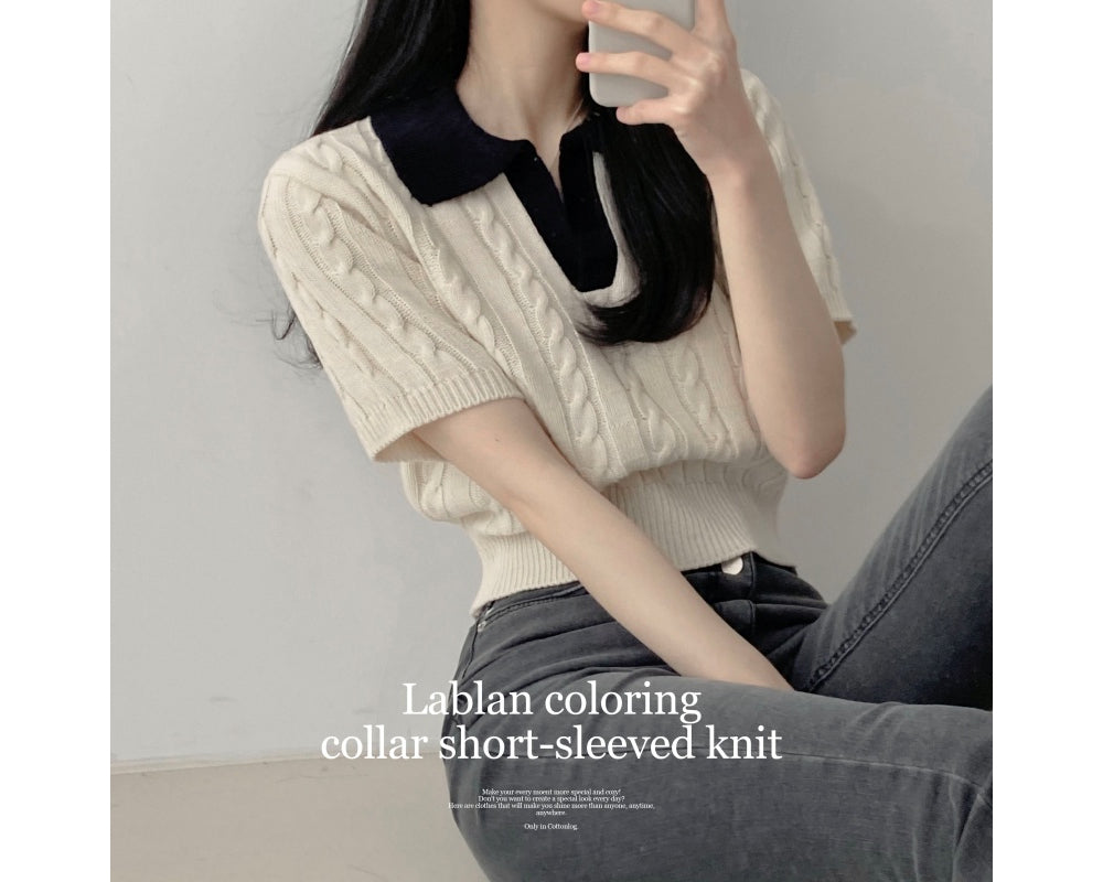 【現貨navy】🇰🇷韓製撞色翻領麻花短袖針織衫