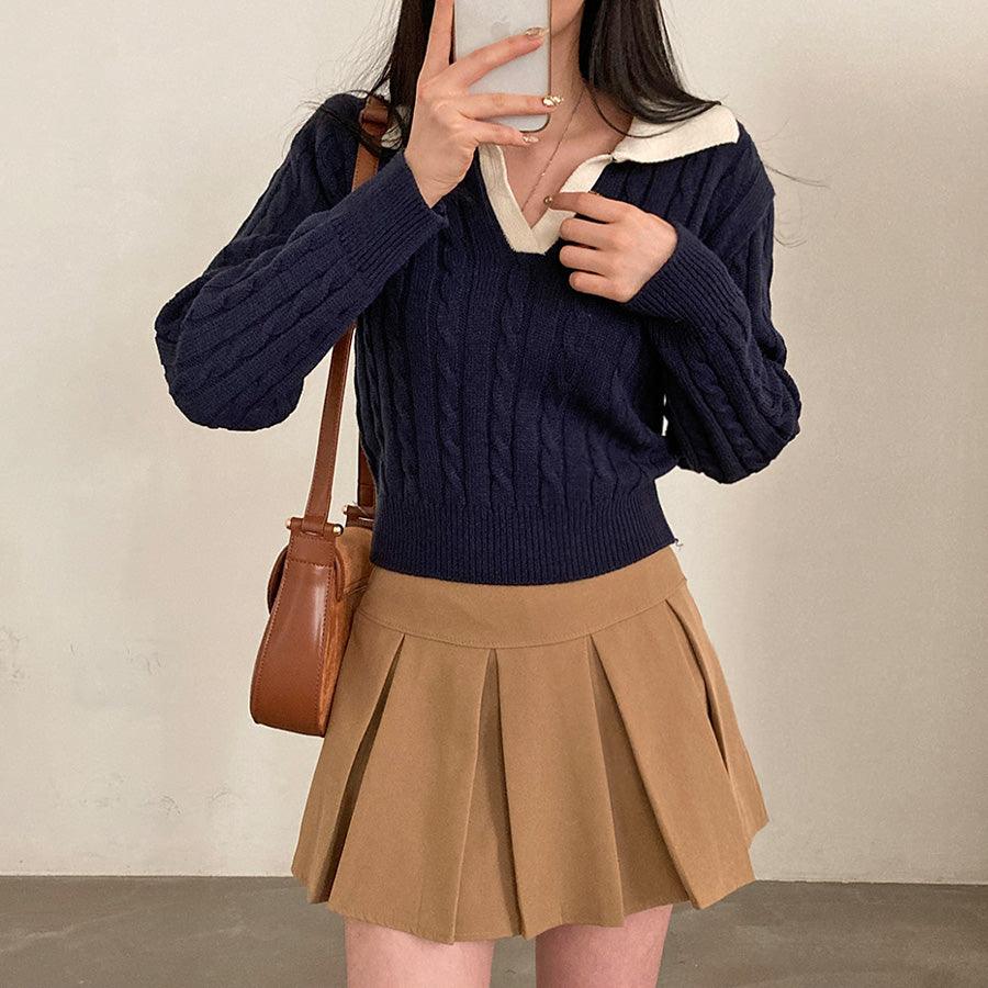 韓製翻領撞色麻花針織衫<KR> - IKIMSTORE
