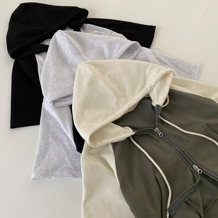 【現貨khaki】Funky刺繡連帽拼色短袖拉鍊外套