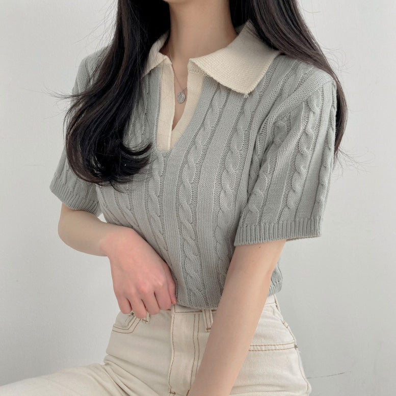 【現貨navy】🇰🇷韓製撞色翻領麻花短袖針織衫