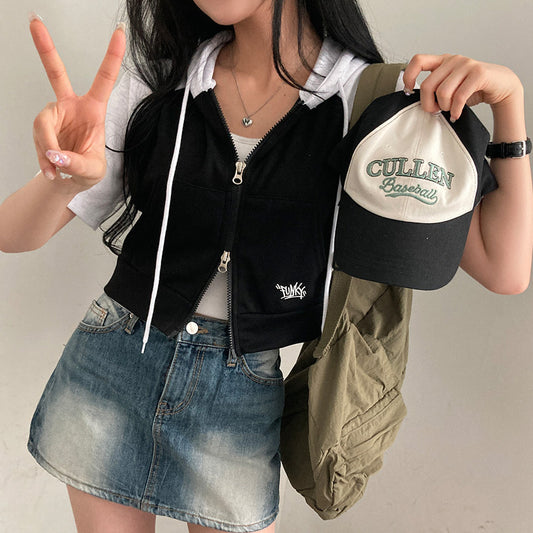 【現貨khaki】Funky刺繡連帽拼色短袖拉鍊外套