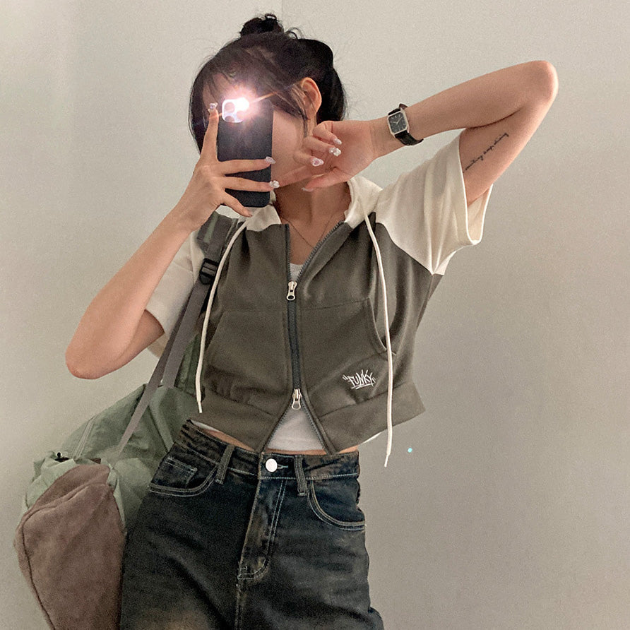【現貨khaki】Funky刺繡連帽拼色短袖拉鍊外套