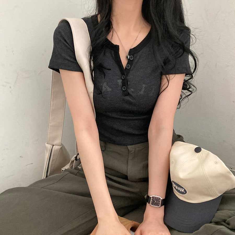 韓製🇰🇷拼色復古鈕扣短款短袖T恤