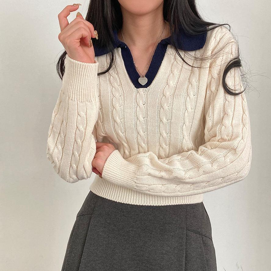 韓製翻領撞色麻花針織衫<KR> - IKIMSTORE