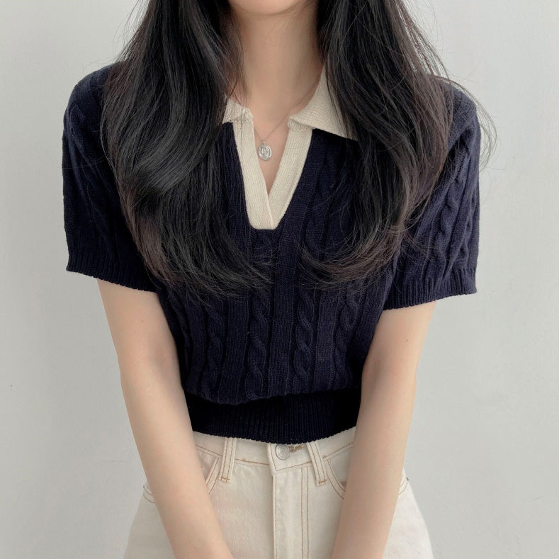【現貨navy】🇰🇷韓製撞色翻領麻花短袖針織衫