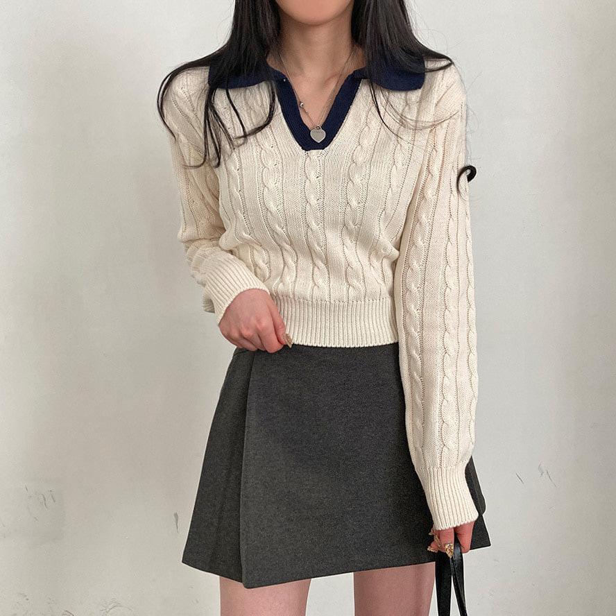 韓製翻領撞色麻花針織衫<KR> - IKIMSTORE