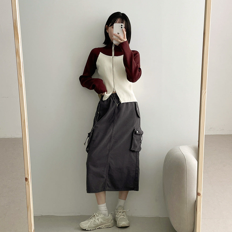 索繩口袋工裝長裙