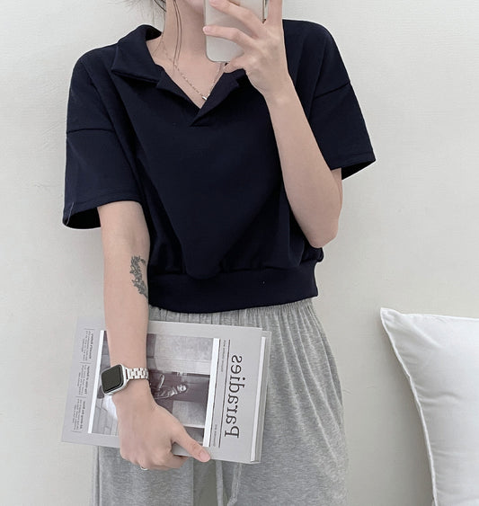 【現貨灰、藍】韓製🇰🇷翻領短款T恤