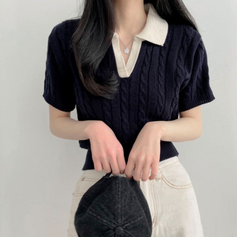 【現貨navy】🇰🇷韓製撞色翻領麻花短袖針織衫
