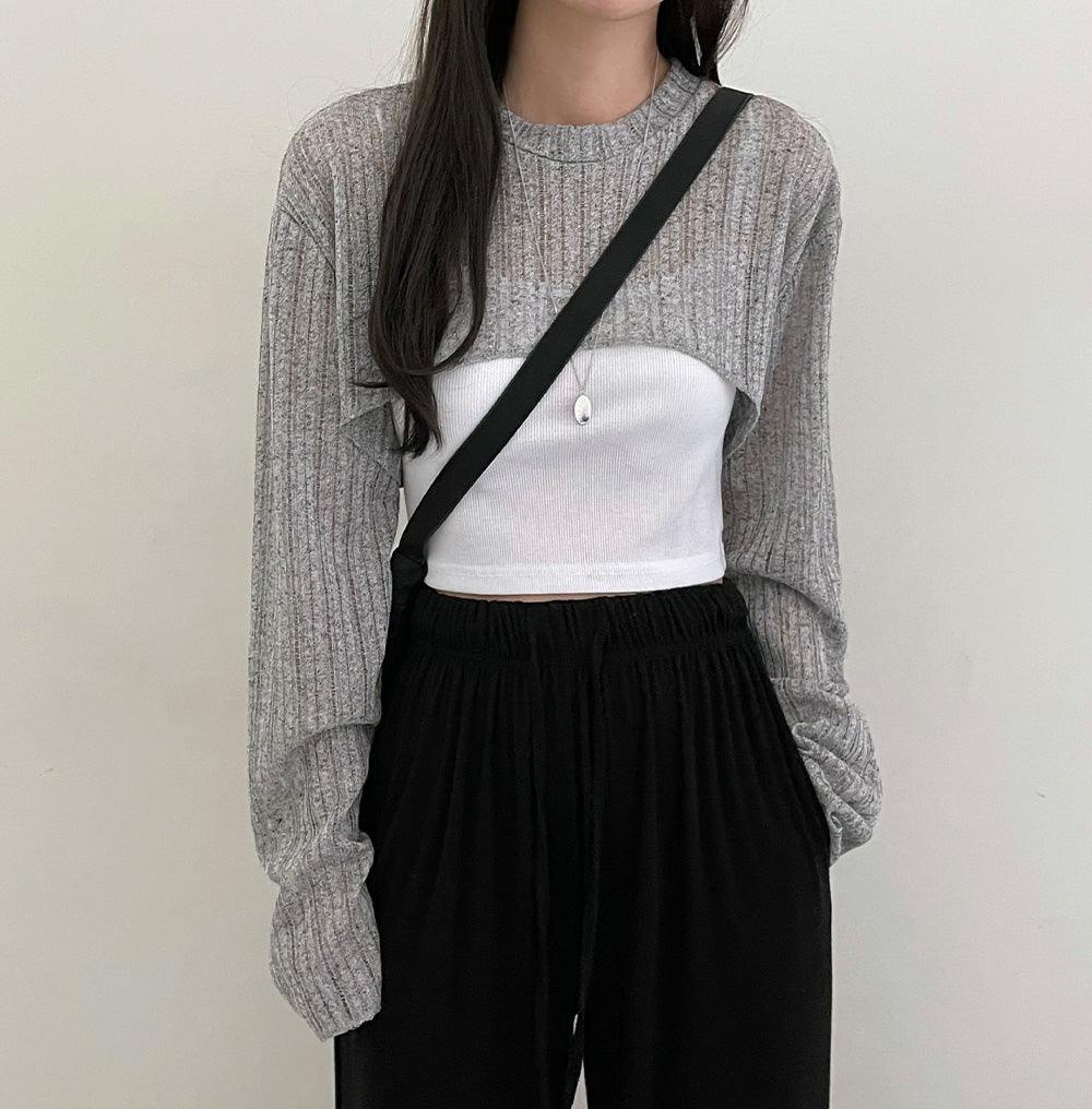 【現貨白】Bolero短版直坑圓領線衫<KR> - IKIMSTORE
